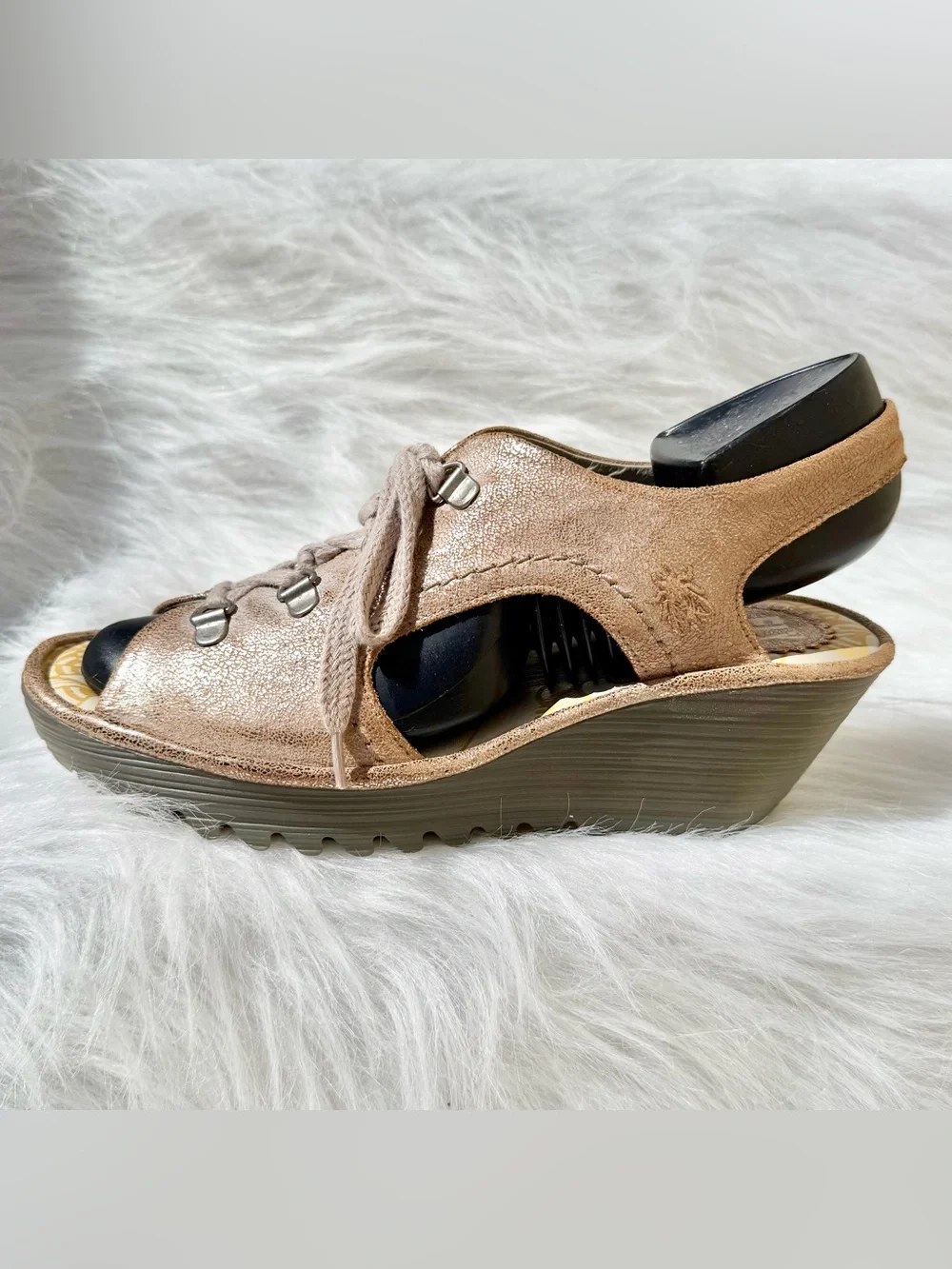 Lace-Up Metallic Taupe Wedge Sandal